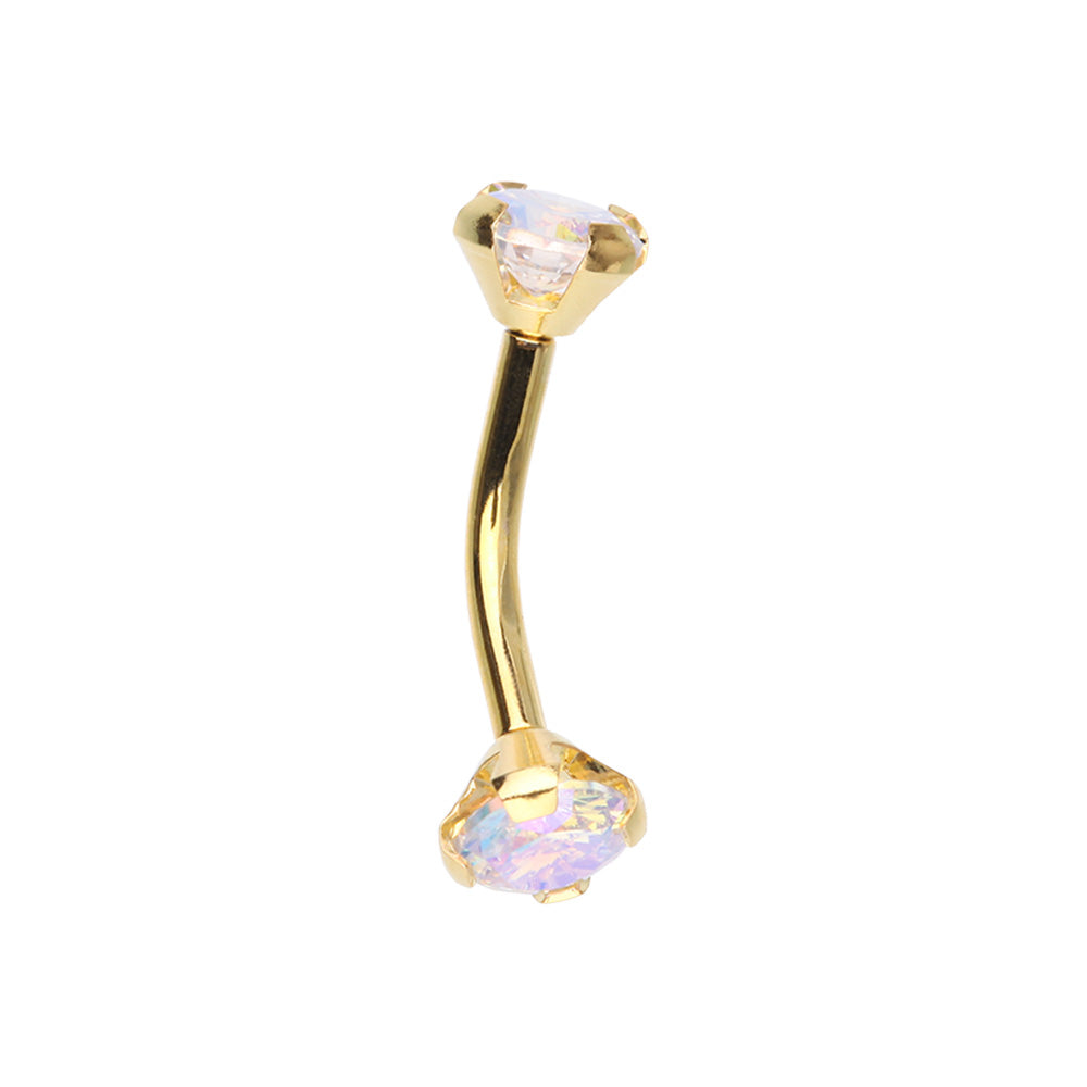 Cubic Golden CZ Gem Internally Threaded Prong Curved Barbell Eyebrow Ring Eyebrow Ring Impulse Piercings 16 GA Length: 8mm Aurora Borealis