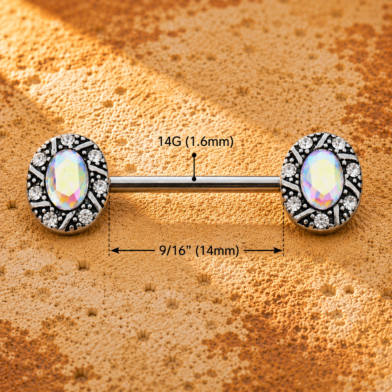 nipple barbell gemstones and measurements on a textured brown background