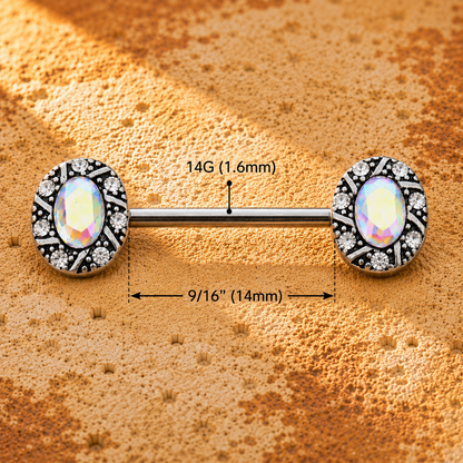 nipple barbell gemstones and measurements on a textured brown background