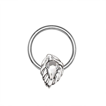 316L Stainless Steel Jeweled Leaf Captive Bead Ring / Septum Ring