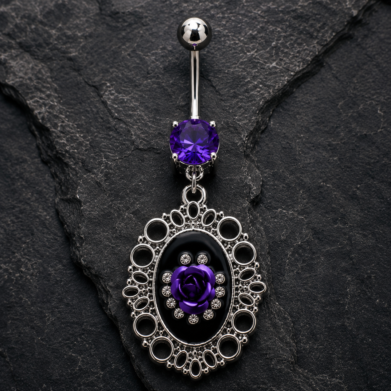 Ornate Frame Rose Navel Ring, purple CZ barbell top detail