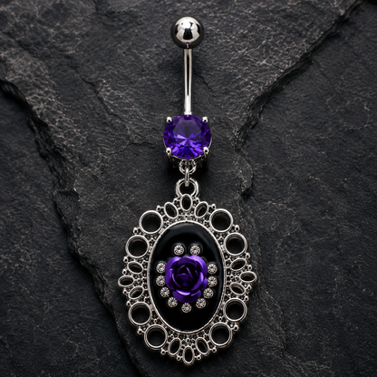 Ornate Frame Rose Navel Ring, purple CZ barbell top detail