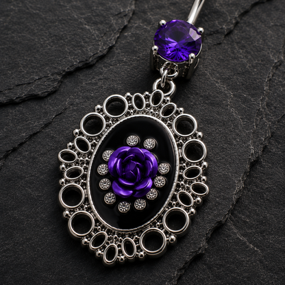 Ornate Frame Rose Navel Ring, close up of black enamel and CZ detail