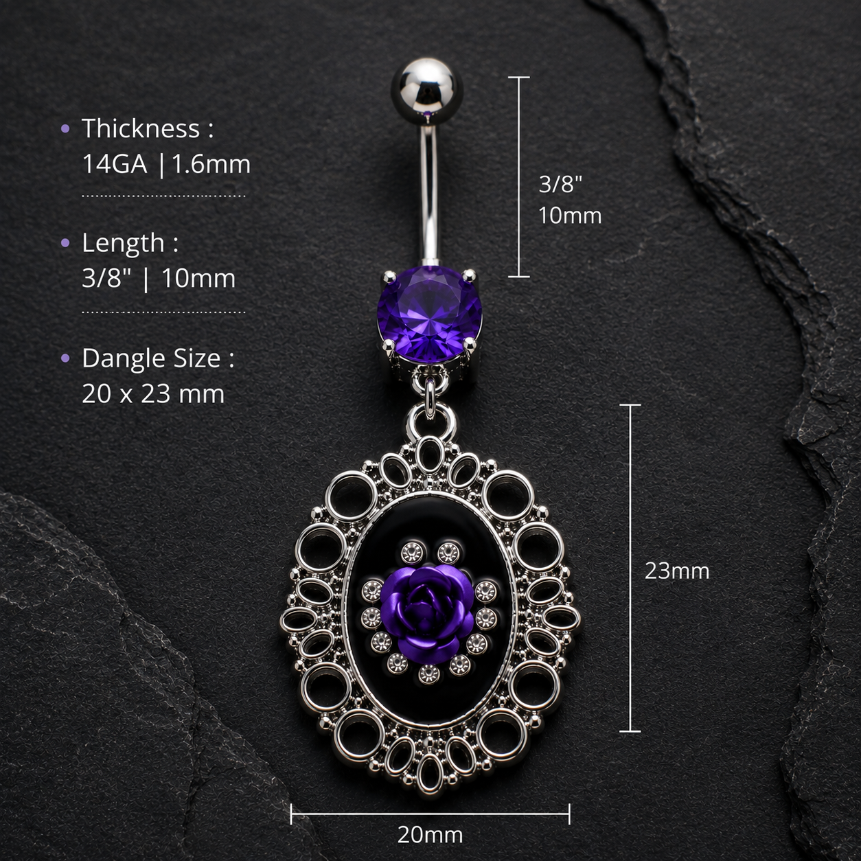 Ornate Frame Rose Navel Ring, side profile