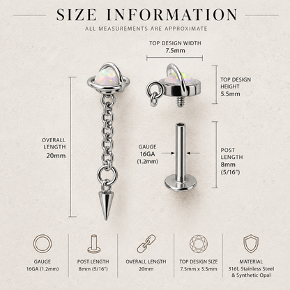 Internally Threaded 316L Stainless Steel Planet with Dangle Spike Labret