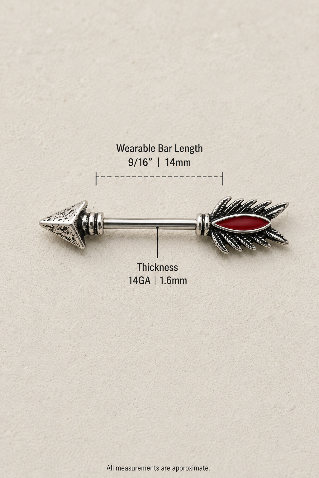 316L Stainless Steel Red Feather Arrow Nipple Bar - Skin Metals
