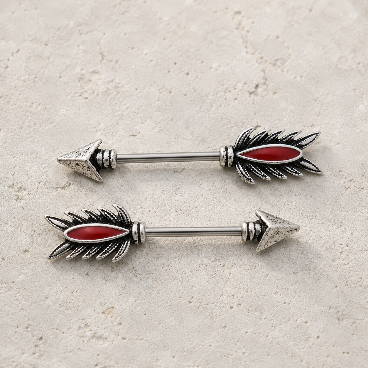 316L Stainless Steel Red Feather Arrow Nipple Bar - Skin Metals