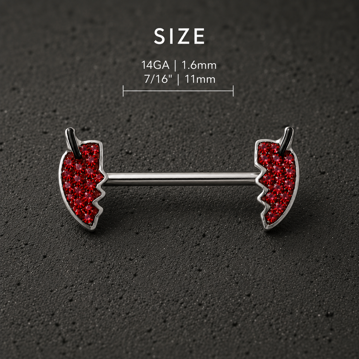 Devil's heart body jewelry barbell pair close-up
