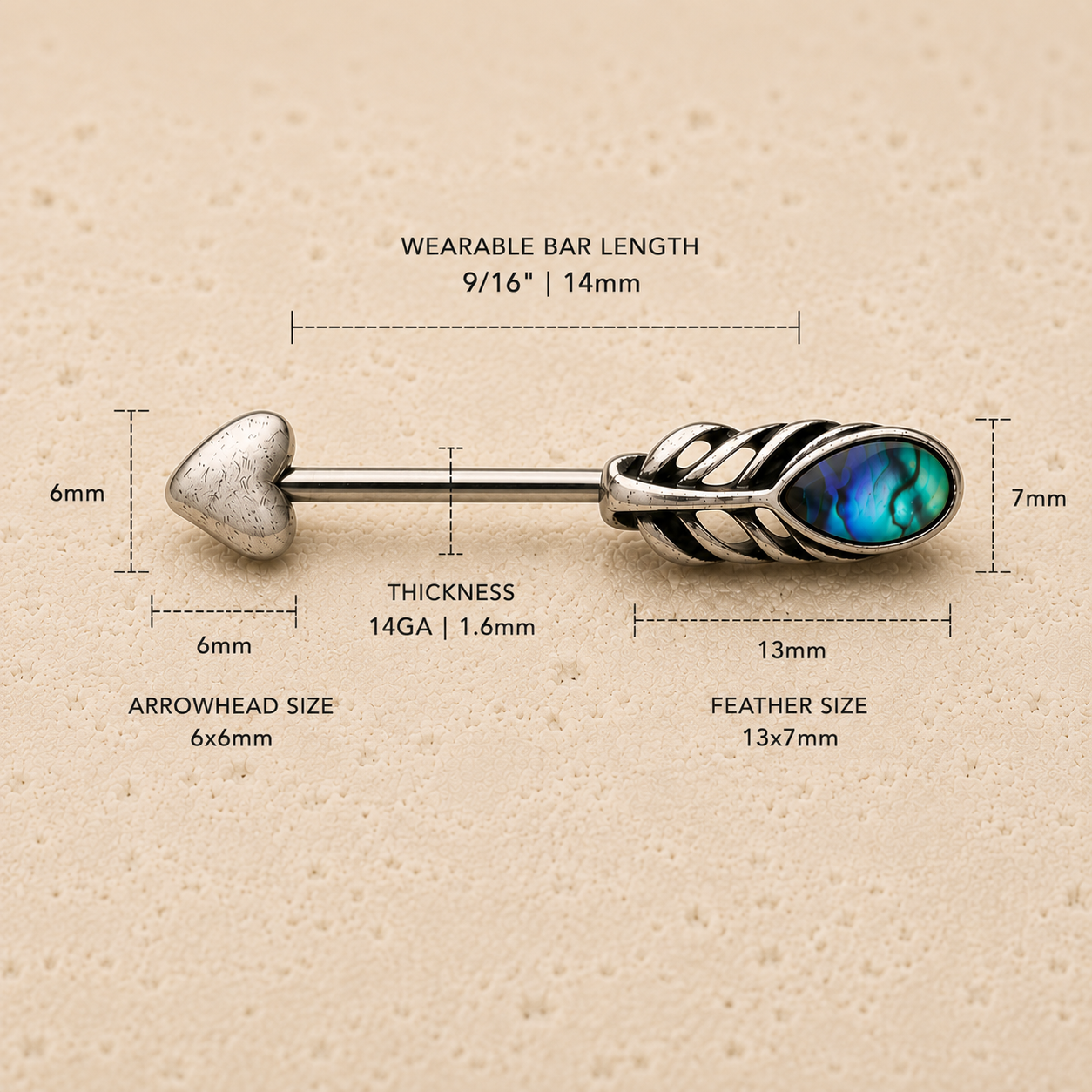 Stainless Steel Abalone Shell Feather Arrow Nipple Bar