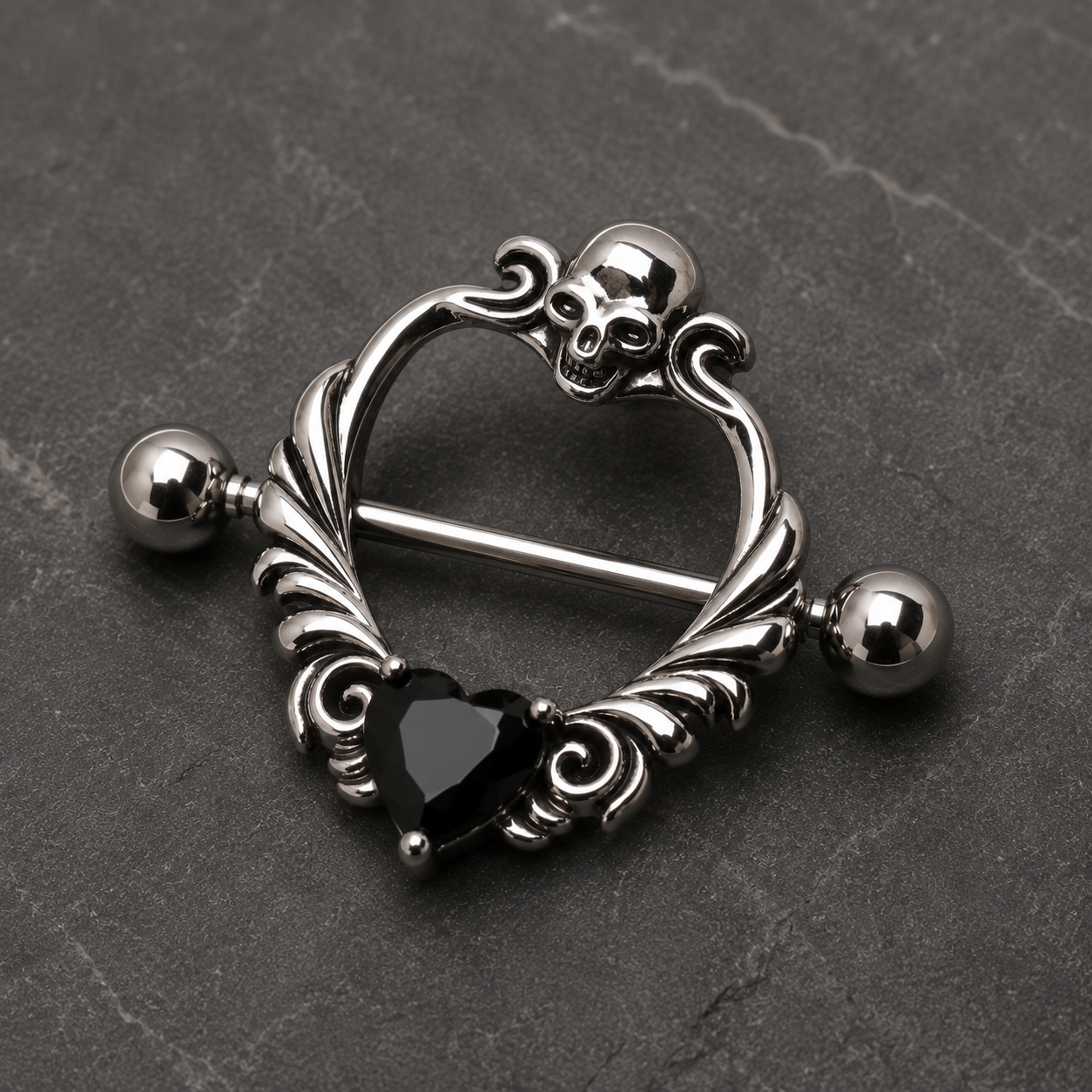 Skull heart nipple shield 14G pair, black CZ heart 316L stainless steel gothic body jewelry