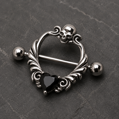 Skull heart nipple shield 14G pair, black CZ heart 316L stainless steel gothic body jewelry