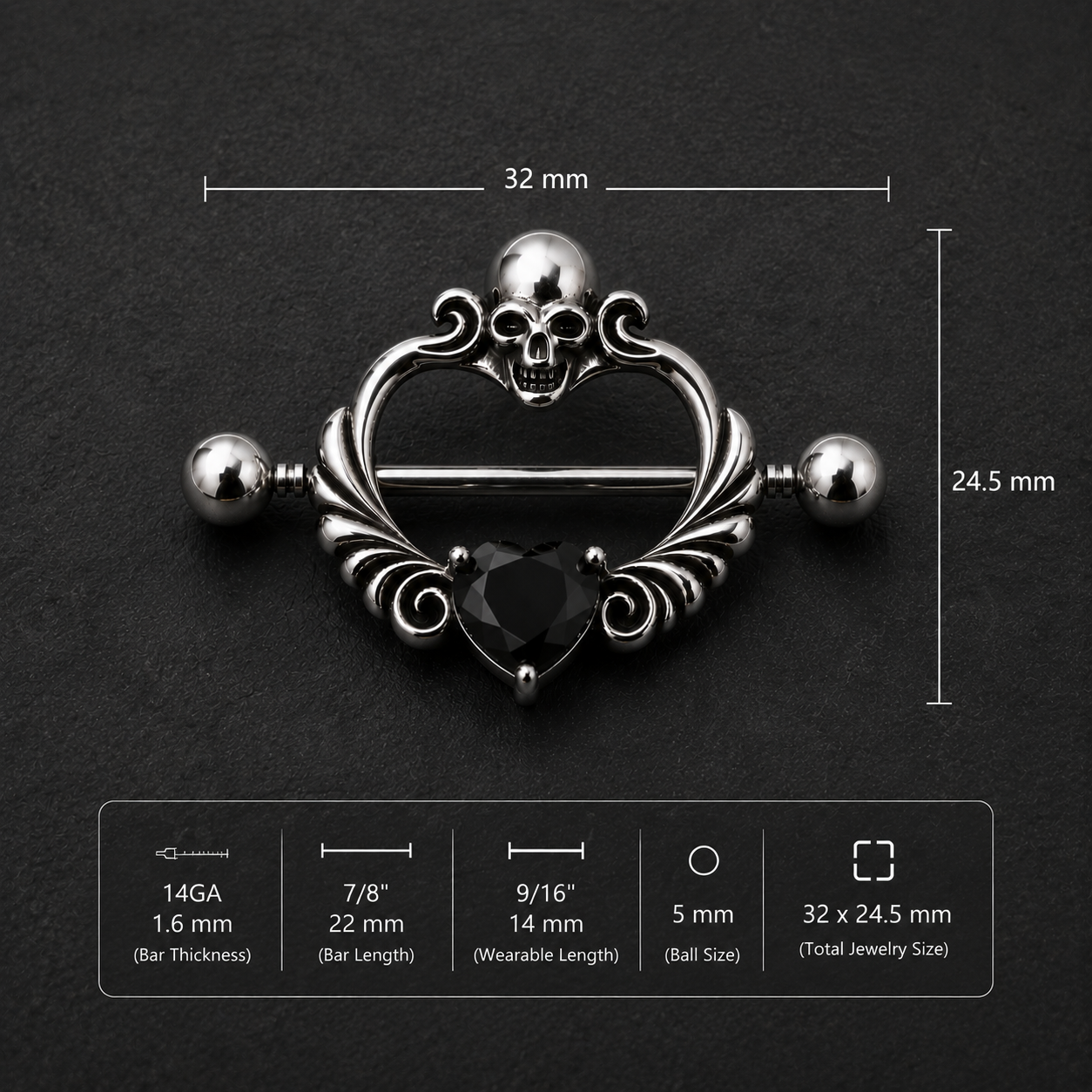 Skull heart nipple shield size chart, 14GA 1.6mm thickness 22mm bar 14mm wearable 32x24.5mm