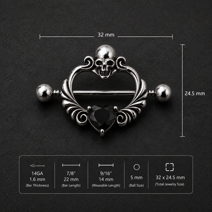 Skull heart nipple shield size chart, 14GA 1.6mm thickness 22mm bar 14mm wearable 32x24.5mm