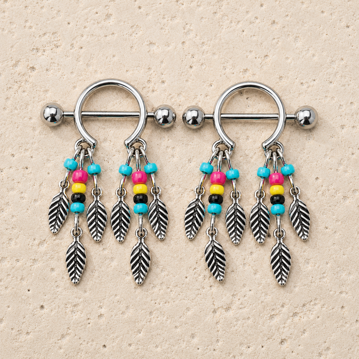 Beaded feather dream catcher nipple shield 14G pair, multi-colored beads 316L stainless steel