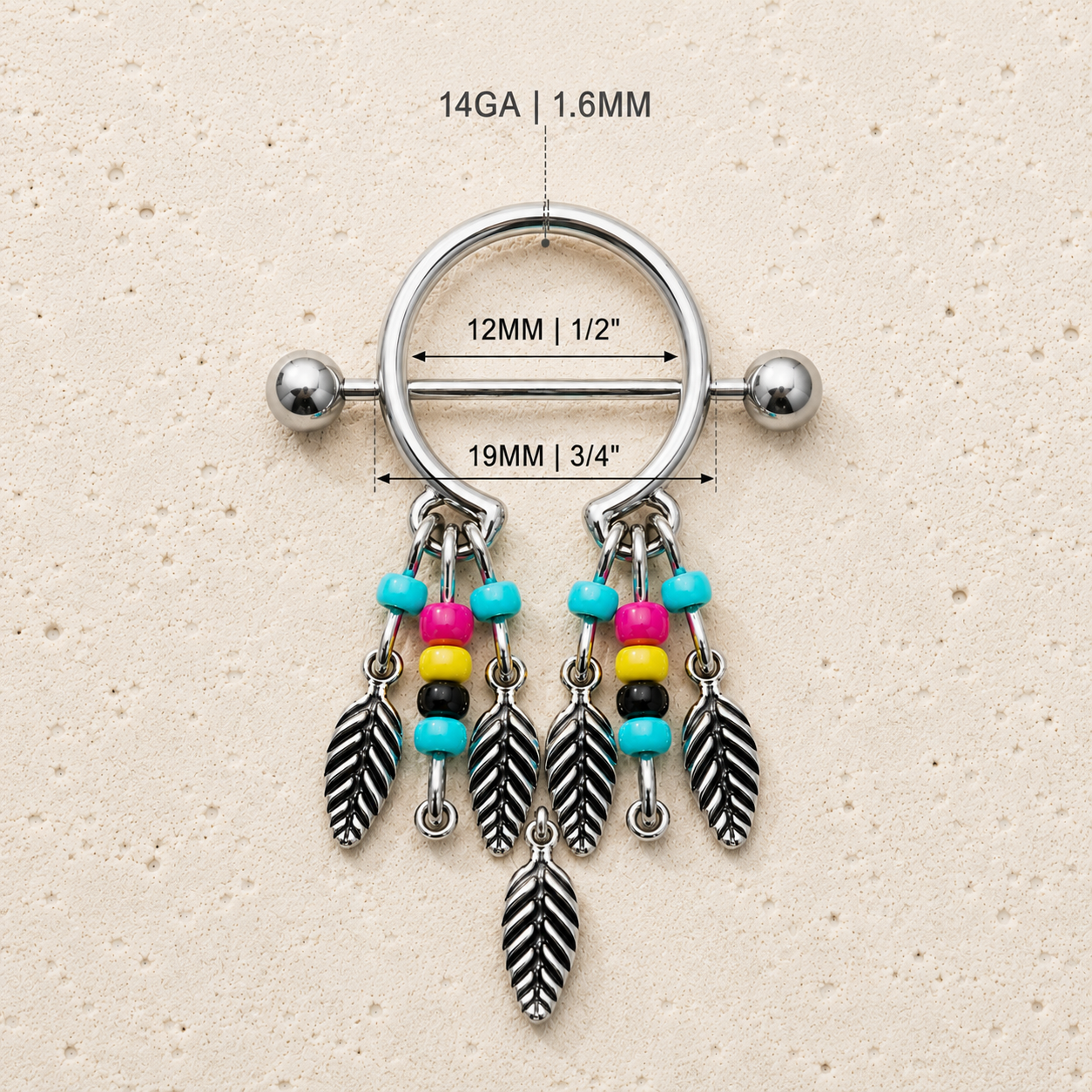 Dream catcher nipple shield size chart, 14GA 1.6mm thickness 19mm bar 12mm wearable size