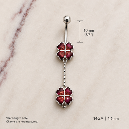 Four Leaf Clover Dangle Navel Ring 14G Silver Chain 316L
