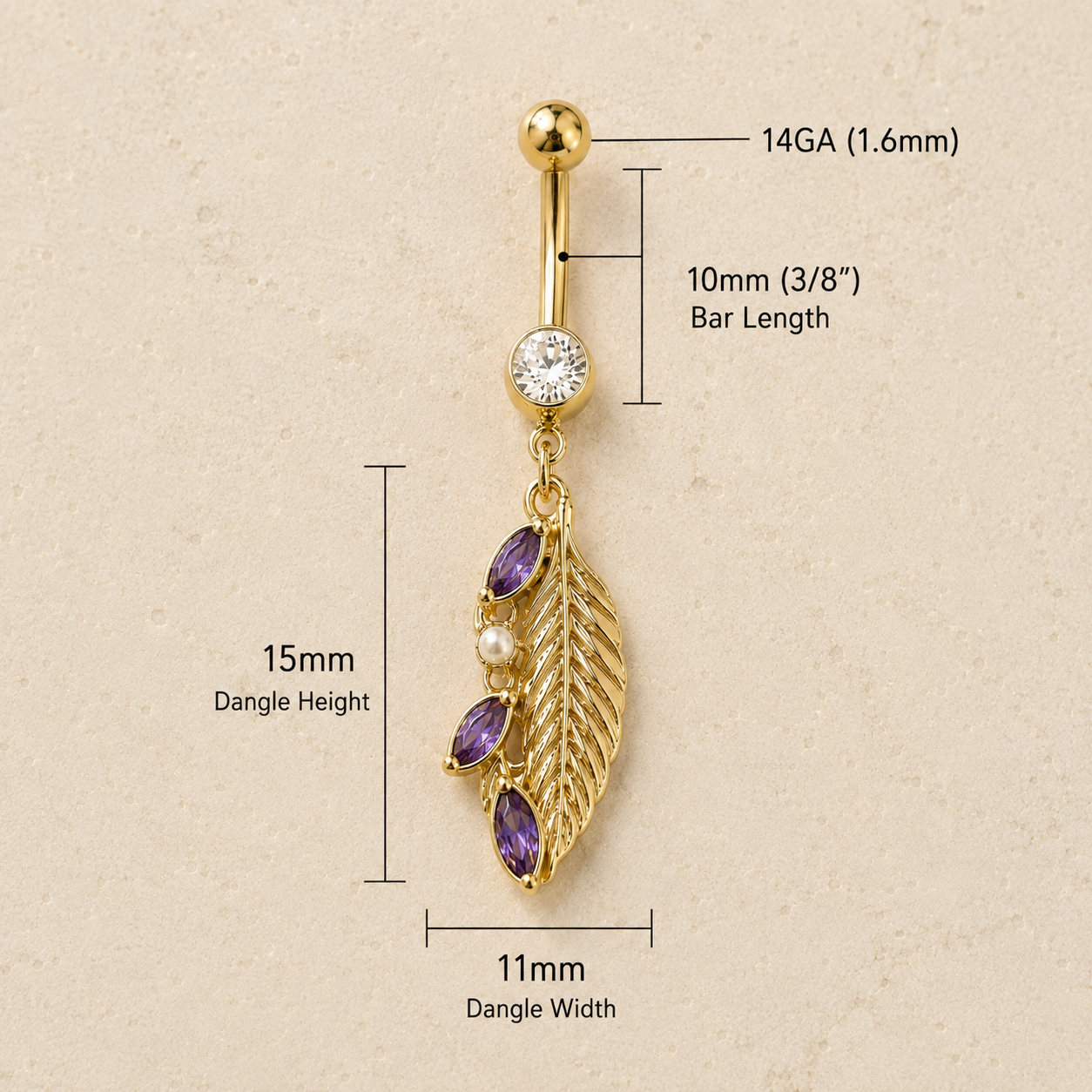 Gold belly button ring with leaf design and measurements on a beige background