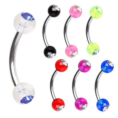 316L Surgical Steel Curved Barbell with UV Acrylic Gemmed Balls - Skin Metals