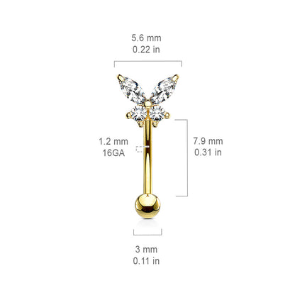 Butterfly CZ Prong Set Top 316L Surgical Steel Eyebrow Rings/ Curved Barbells Eyebrow Ring Skin Metals