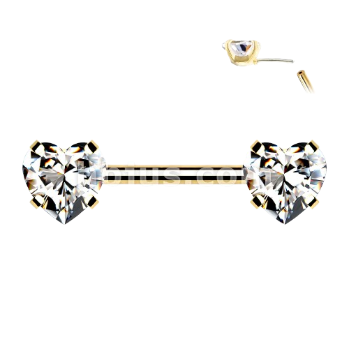 316L Surgical Steel Threadless Push in Nipple Barbells with Prong Set Heart CZ Ends Tongue Rings Impulse Piercings