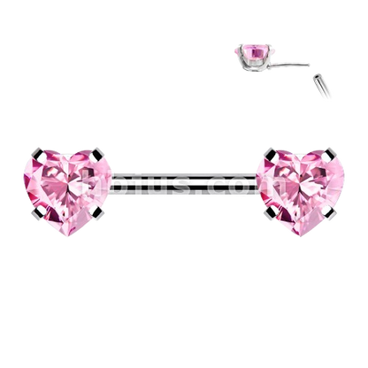 316L Surgical Steel Threadless Push in Nipple Barbells with Prong Set Heart CZ Ends Tongue Rings Impulse Piercings