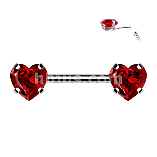 316L Surgical Steel Threadless Push in Nipple Barbells with Prong Set Heart CZ Ends Tongue Rings Impulse Piercings