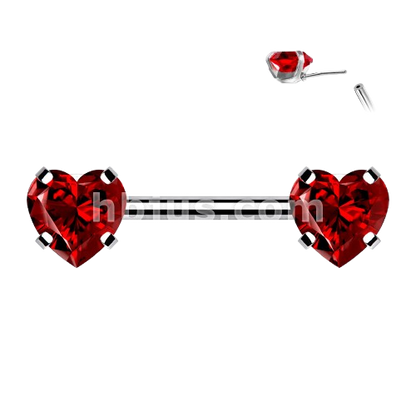 316L Surgical Steel Threadless Push in Nipple Barbells with Prong Set Heart CZ Ends Tongue Rings Impulse Piercings