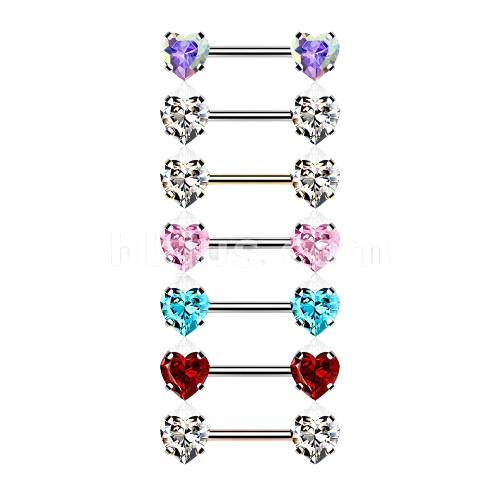 316L Surgical Steel Threadless Push in Nipple Barbells with Prong Set Heart CZ Ends Tongue Rings Impulse Piercings