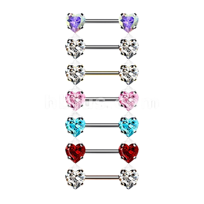 316L Surgical Steel Threadless Push in Nipple Barbells with Prong Set Heart CZ Ends Tongue Rings Impulse Piercings