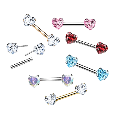 316L Surgical Steel Threadless Push in Nipple Barbells with Prong Set Heart CZ Ends Tongue Rings Impulse Piercings