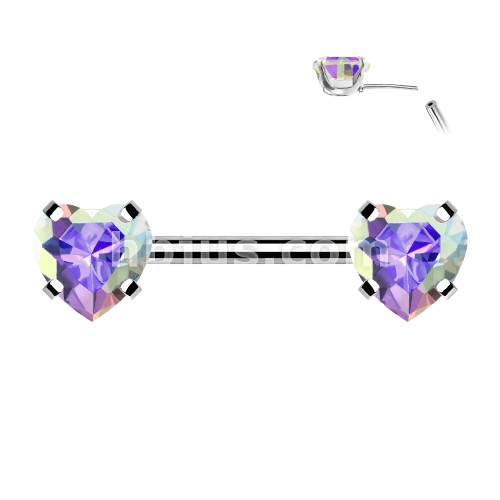 316L Surgical Steel Threadless Push in Nipple Barbells with Prong Set Heart CZ Ends Tongue Rings Impulse Piercings