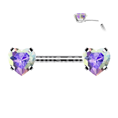 316L Surgical Steel Threadless Push in Nipple Barbells with Prong Set Heart CZ Ends Tongue Rings Impulse Piercings