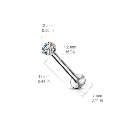 Push In Prong Set CZ Top 316L Surgical Steel Threadless Labret, Monroe, Flat Back Stud Labret Impulse Piercings