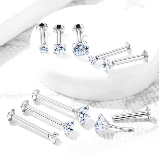 Push In Prong Set CZ Top 316L Surgical Steel Threadless Labret, Monroe, Flat Back Stud Labret Impulse Piercings