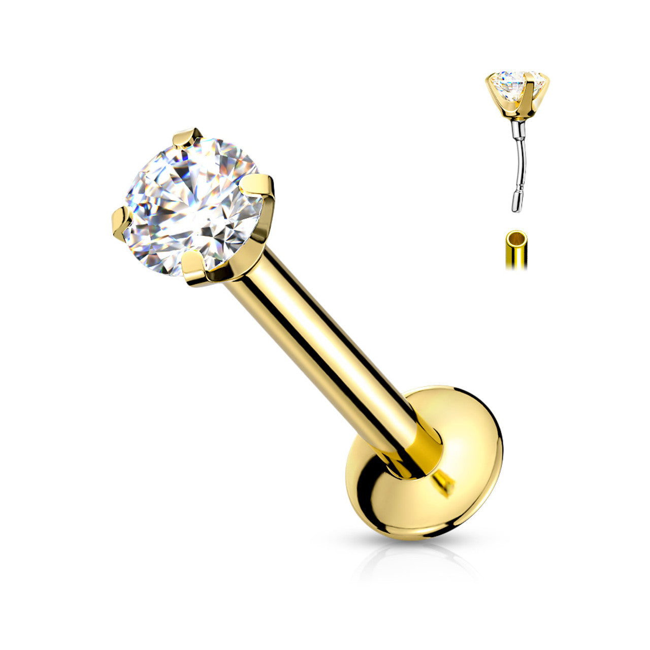 CZ Prong Set Threadless Top PVD Over 316L Surgical Steel Push in Style Labret, Flat Back Studs Labret Skin Metals