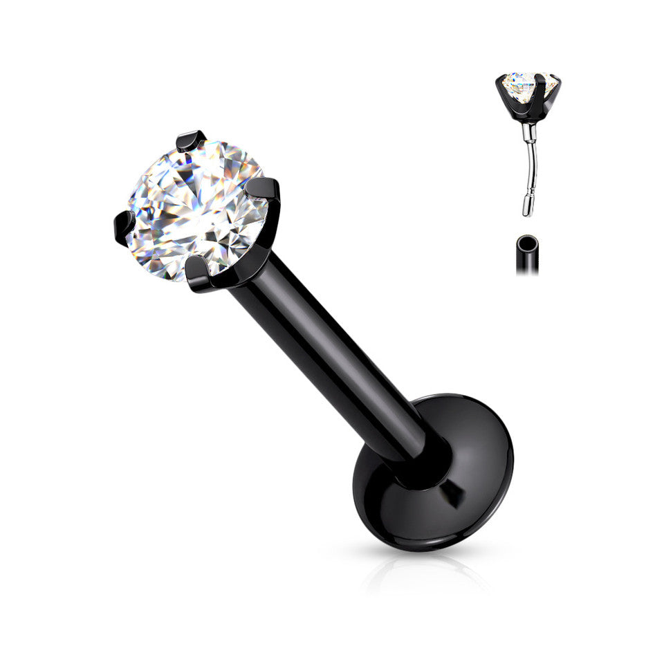 CZ Prong Set Threadless Top PVD Over 316L Surgical Steel Push in Style Labret, Flat Back Studs Labret Skin Metals