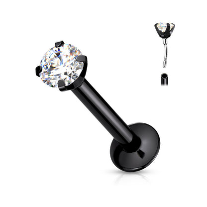 CZ Prong Set Threadless Top PVD Over 316L Surgical Steel Push in Style Labret, Flat Back Studs Labret Skin Metals