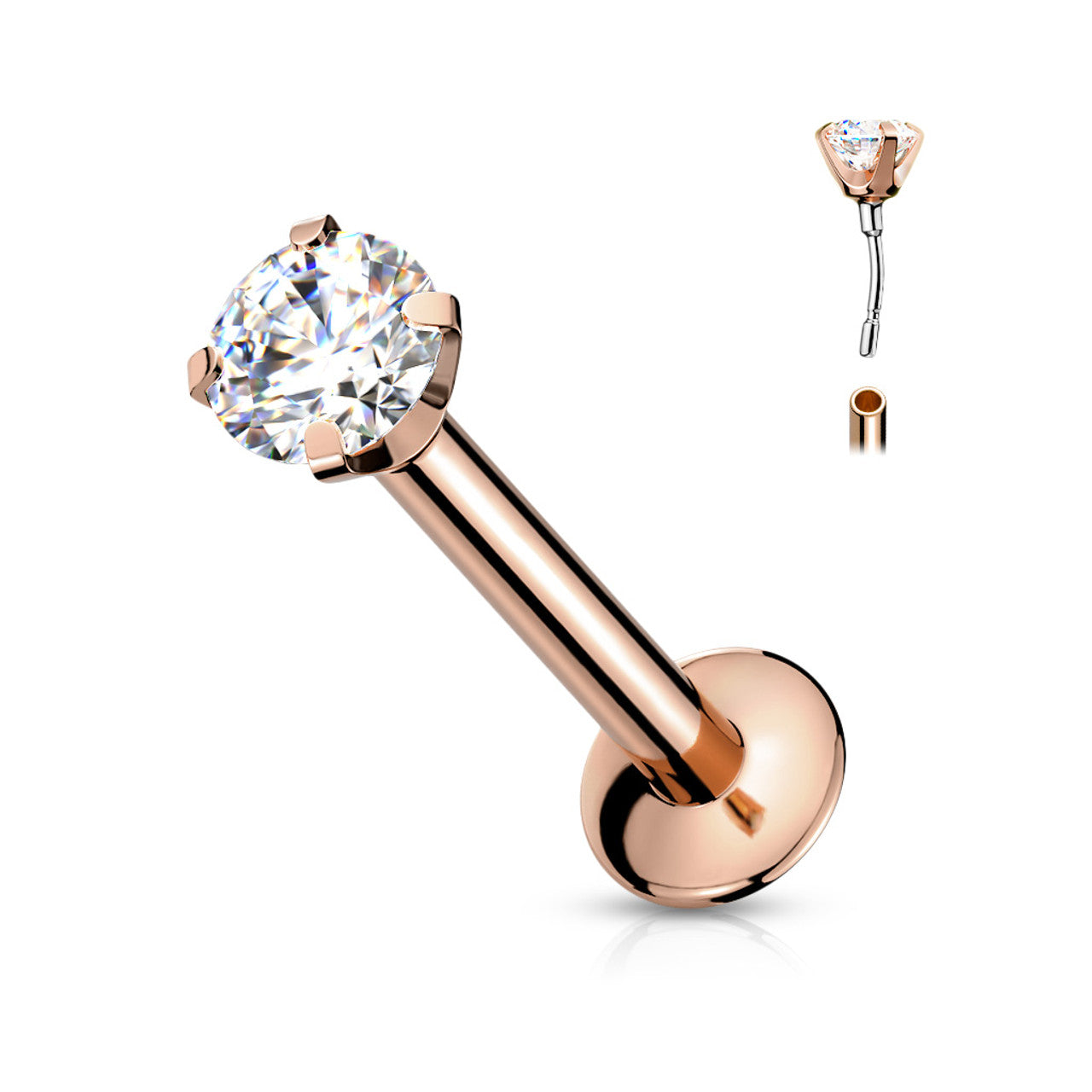 CZ Prong Set Threadless Top PVD Over 316L Surgical Steel Push in Style Labret, Flat Back Studs Labret Skin Metals