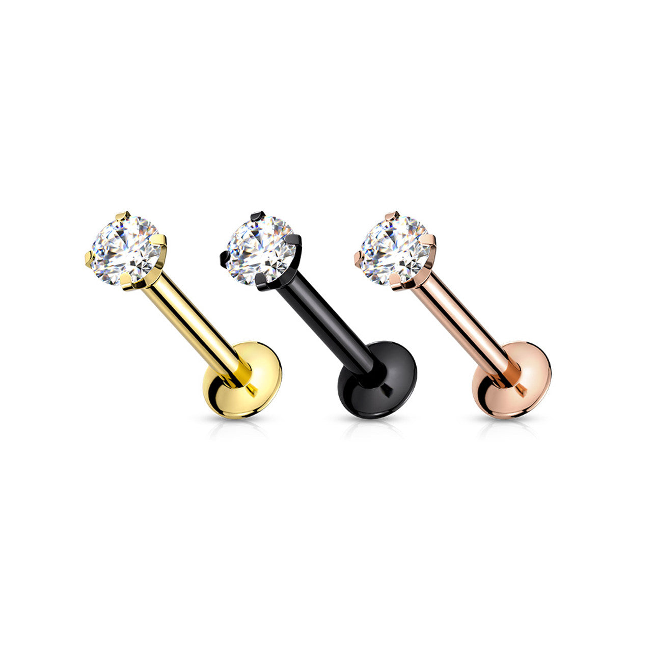 CZ Prong Set Threadless Top PVD Over 316L Surgical Steel Push in Style Labret, Flat Back Studs Labret Skin Metals
