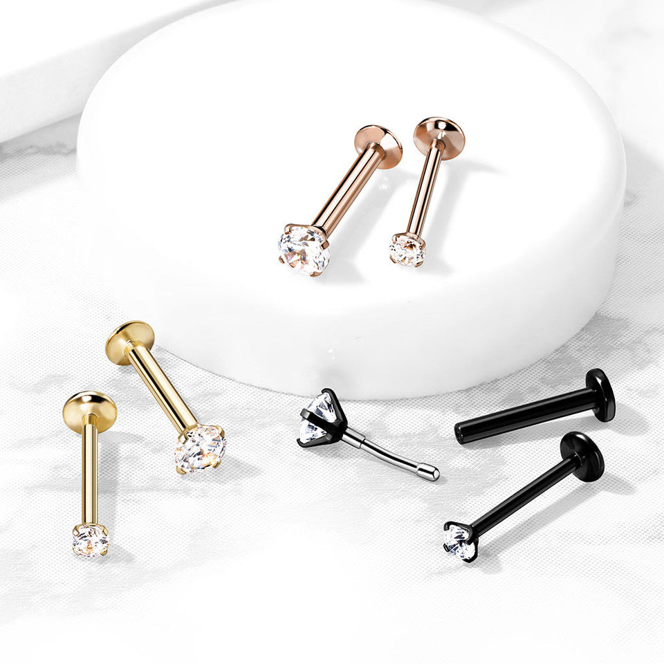 CZ Prong Set Threadless Top PVD Over 316L Surgical Steel Push in Style Labret, Flat Back Studs Labret Skin Metals