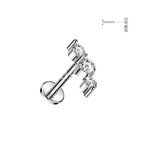 Surgical Steel Threadless Push In Flat Back Stud With Triple CZ Top Stud Impulse Piercings Clear 18GA (1mm)