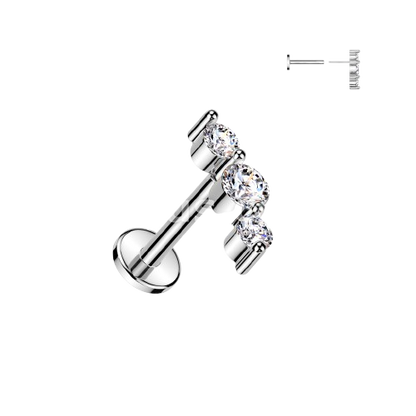 Surgical Steel Threadless Push In Flat Back Stud With Triple CZ Top Stud Impulse Piercings Clear 18GA (1mm)