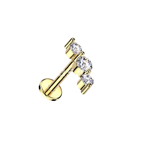 Surgical Steel Threadless Push In Flat Back Stud With Triple CZ Top Stud Impulse Piercings Gold 18GA (1mm)