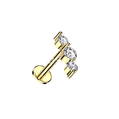 Surgical Steel Threadless Push In Flat Back Stud With Triple CZ Top Stud Impulse Piercings Gold 18GA (1mm)