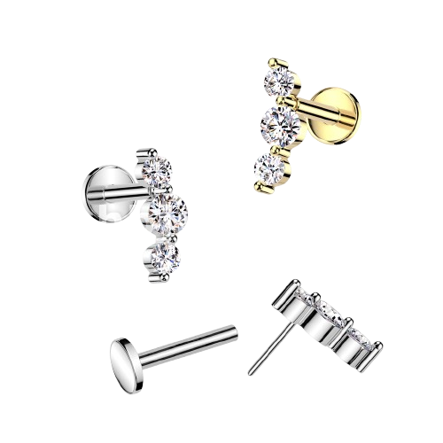 Surgical Steel Threadless Push In Flat Back Stud With Triple CZ Top Stud Impulse Piercings