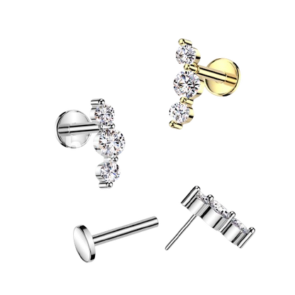 Surgical Steel Threadless Push In Flat Back Stud With Triple CZ Top Stud Impulse Piercings