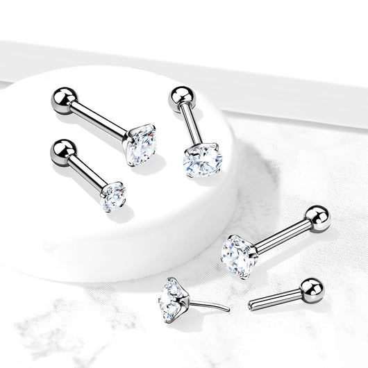 Implant Grade Titanium Threadless Push In Cartilage Barbell With Prong Set CZ Top Cartilage Impulse Piercings