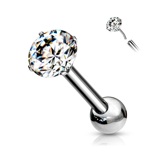 Implant Grade Titanium Threadless Push In Cartilage Barbell With Prong Set CZ Top Cartilage Impulse Piercings