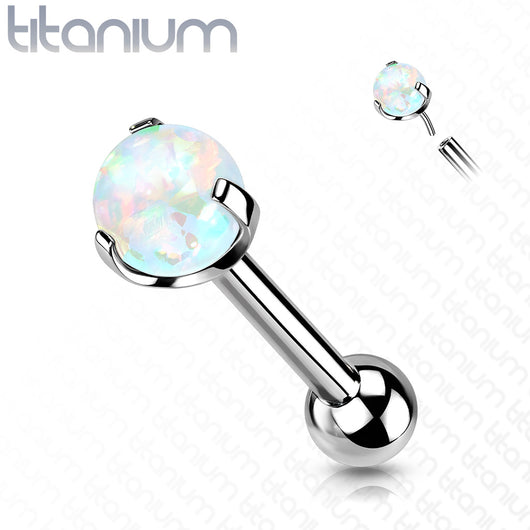 Implant Grade Titanium Threadless Push In Cartilage Barbell With Prong Set Opal Top Cartilage Impulse Piercings