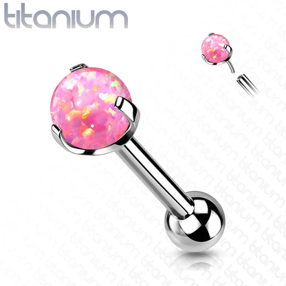 Implant Grade Titanium Threadless Push In Cartilage Barbell With Prong Set Opal Top Cartilage Impulse Piercings